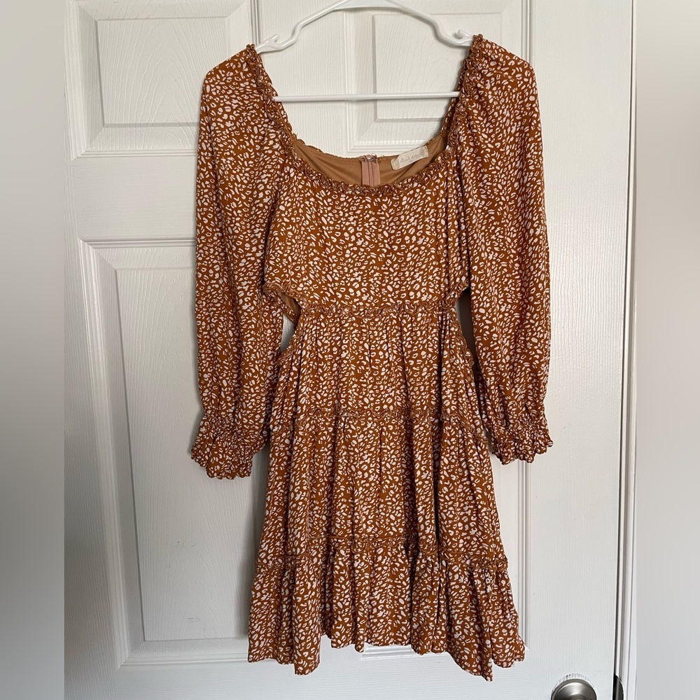 Altar'd State Rust Dots Tiered Long-Sleeve Sundress Size XS Cropped Sleeves
